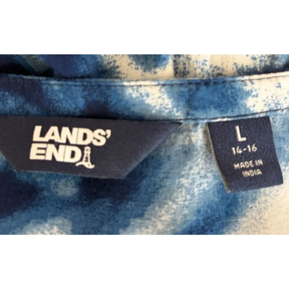 LANDS END Womens Swim COVER-UP Short Sleeve BLUE White Drawstring Size L 14-16